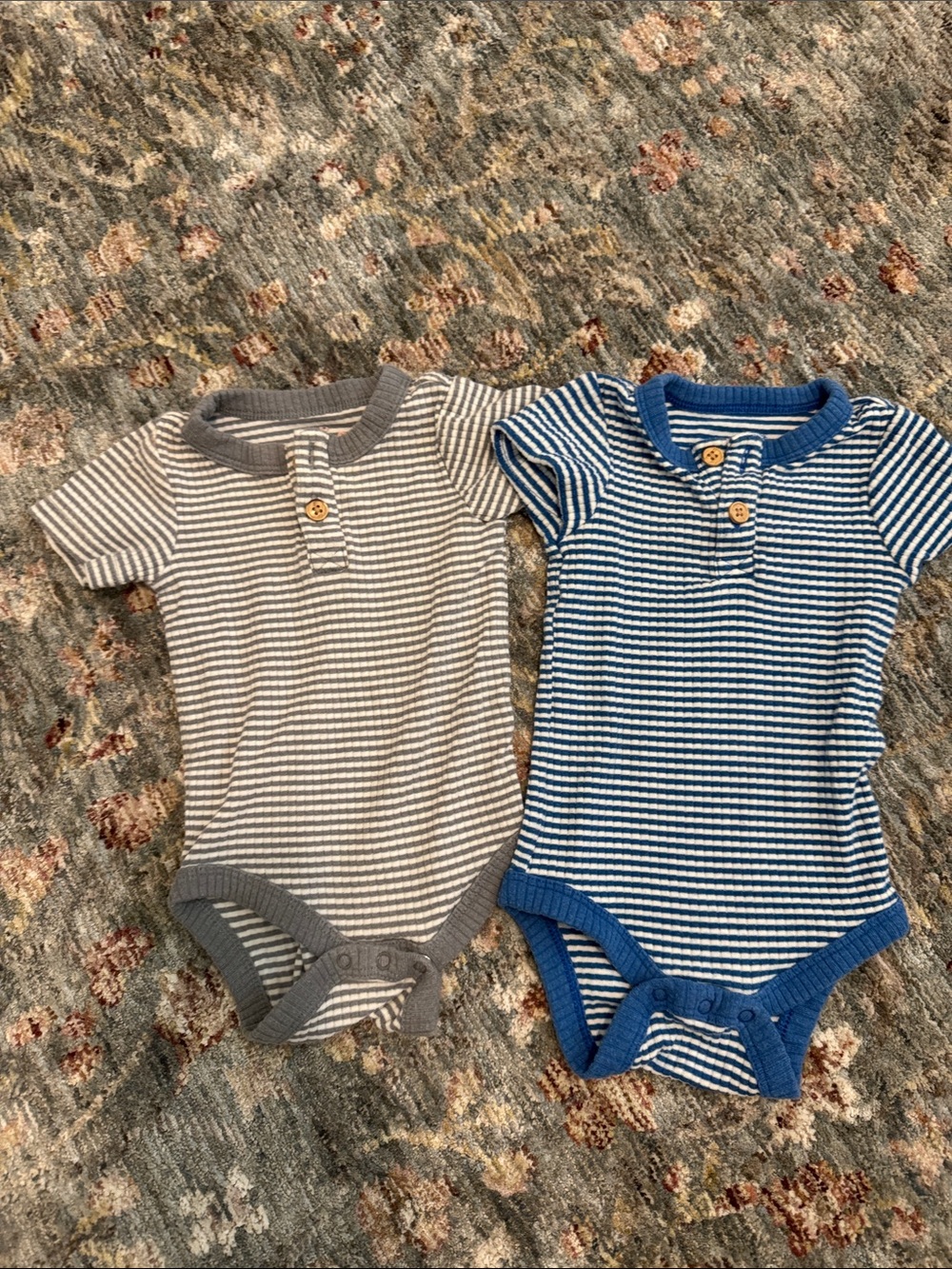 Striped Knit Short-Sleeve One-Piece Bodysuit - Gray and Blue